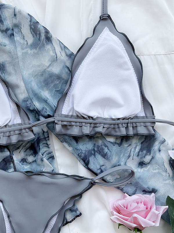 Solid Color Triangle Falbala Backless Bikini Swimwear