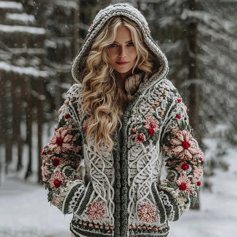 Women's Celtic Knot Christmas Flower Winter Violin Jacquard Zipper Hooded Sweater