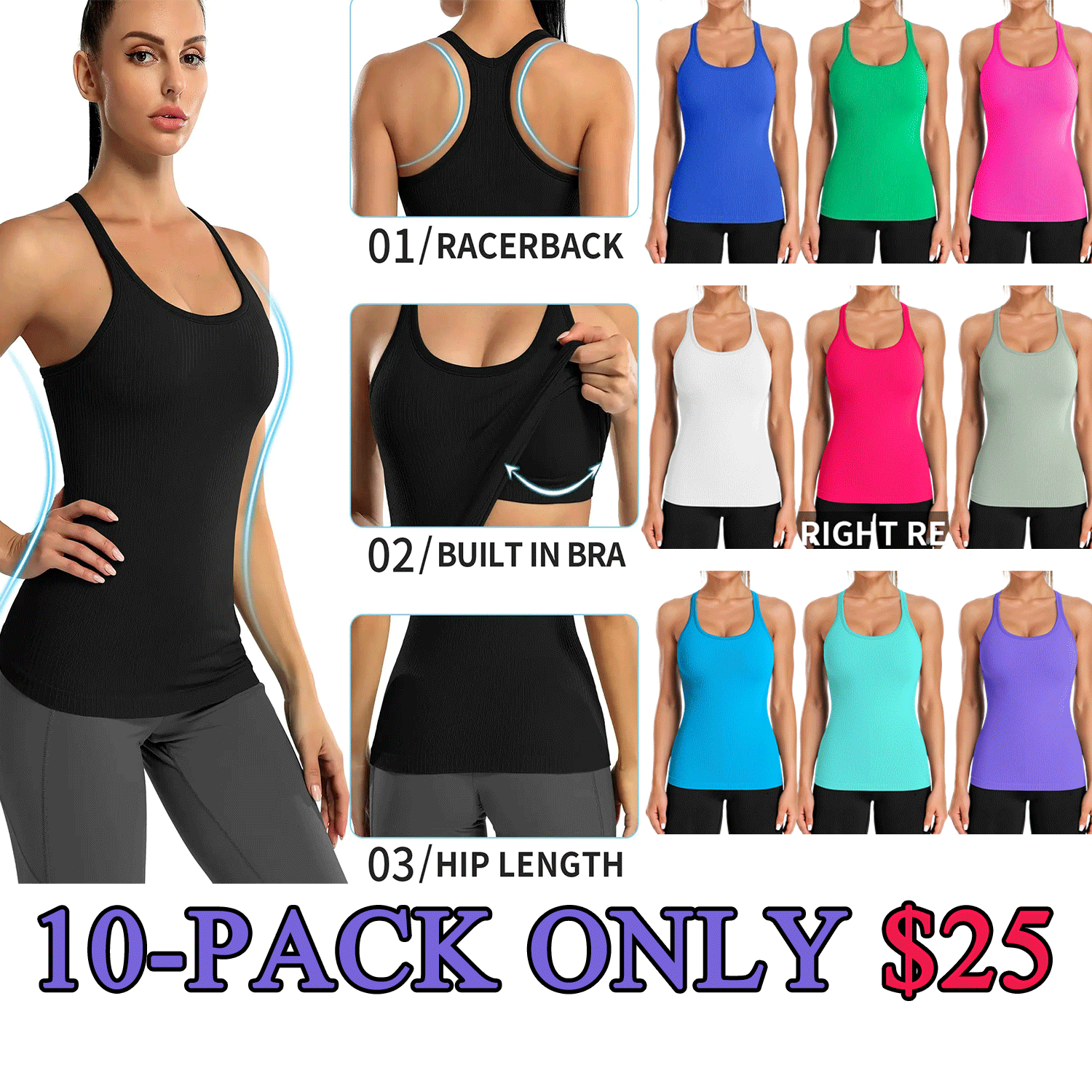 ✨ Women’s Ribbed Racerback Workout Tank with Built-In Bra