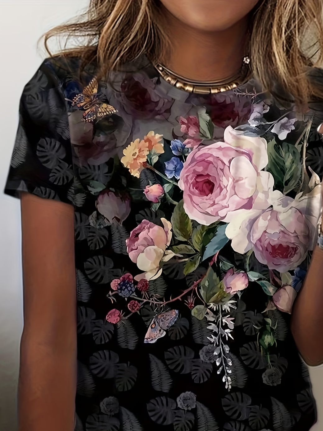 Women's Short Sleeve T-shirt Summer Black Floral Printing Jersey Crew Neck Daily Going Out Casual Top