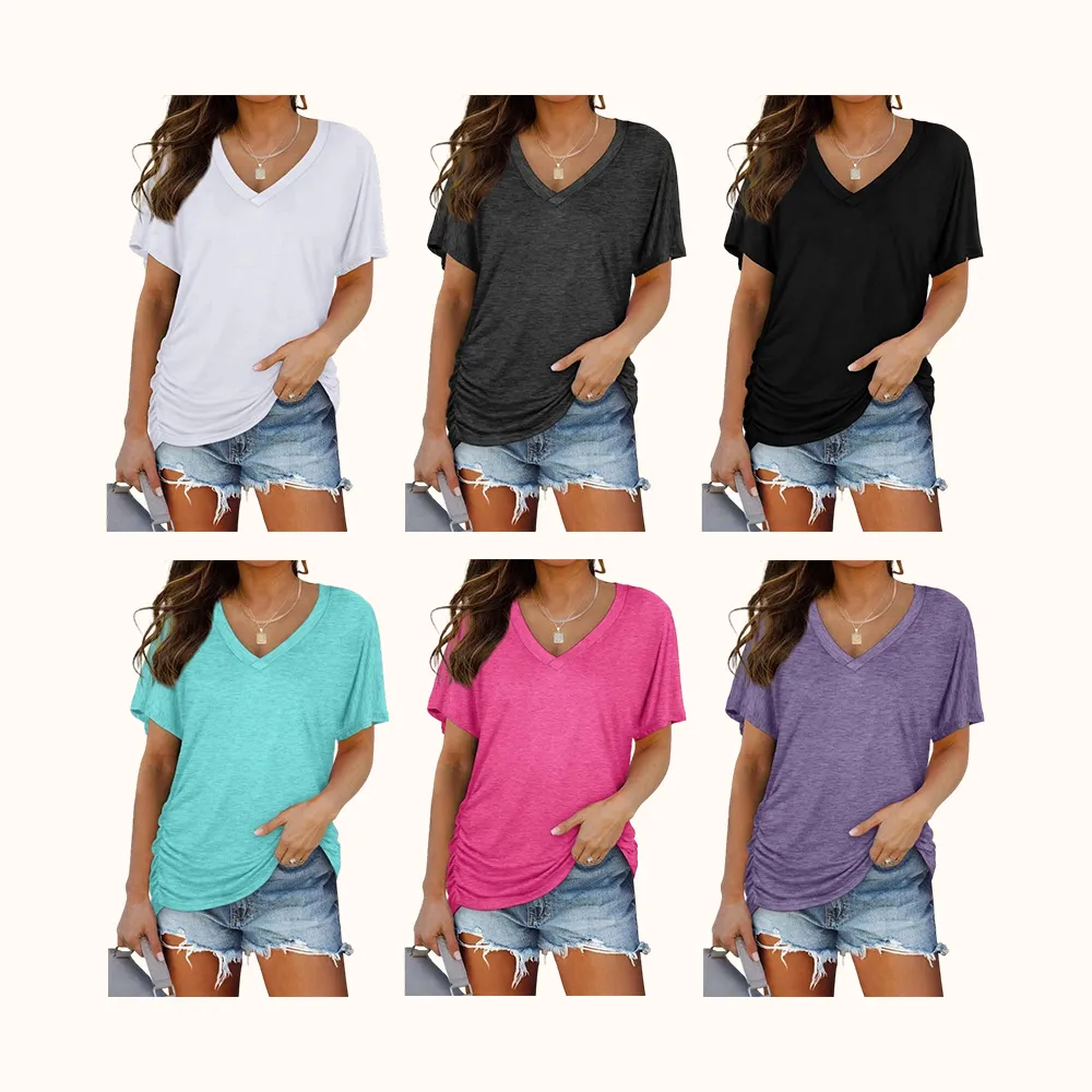 Womens Short Sleeve V Neck Dolman Tops with Side Shirring Loose Fit Shirts