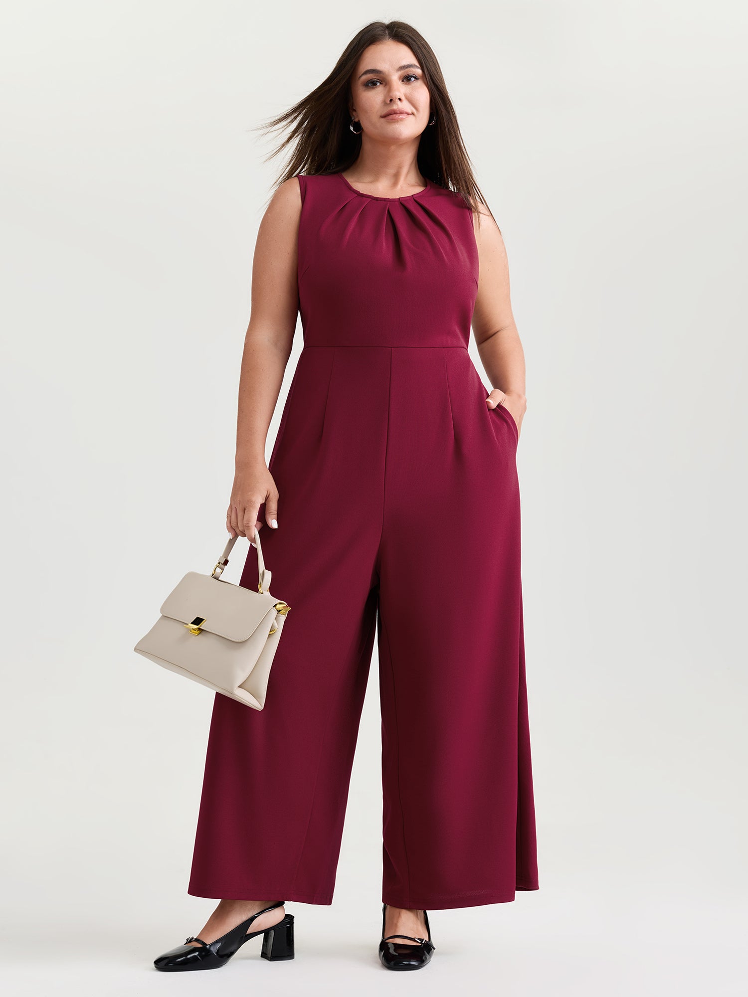 Pleated Neckline Stretchy Waist Jumpsuit
