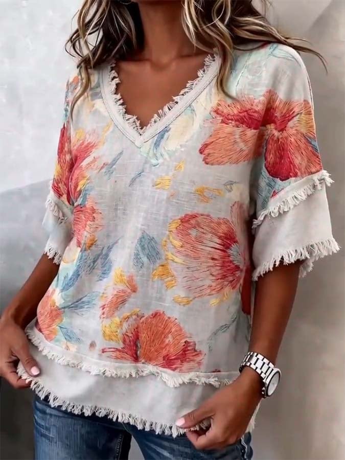 🔥Free Shipping Over $69🔥Women'S Casual Frayed-Edge Spliced ​​Printed Top