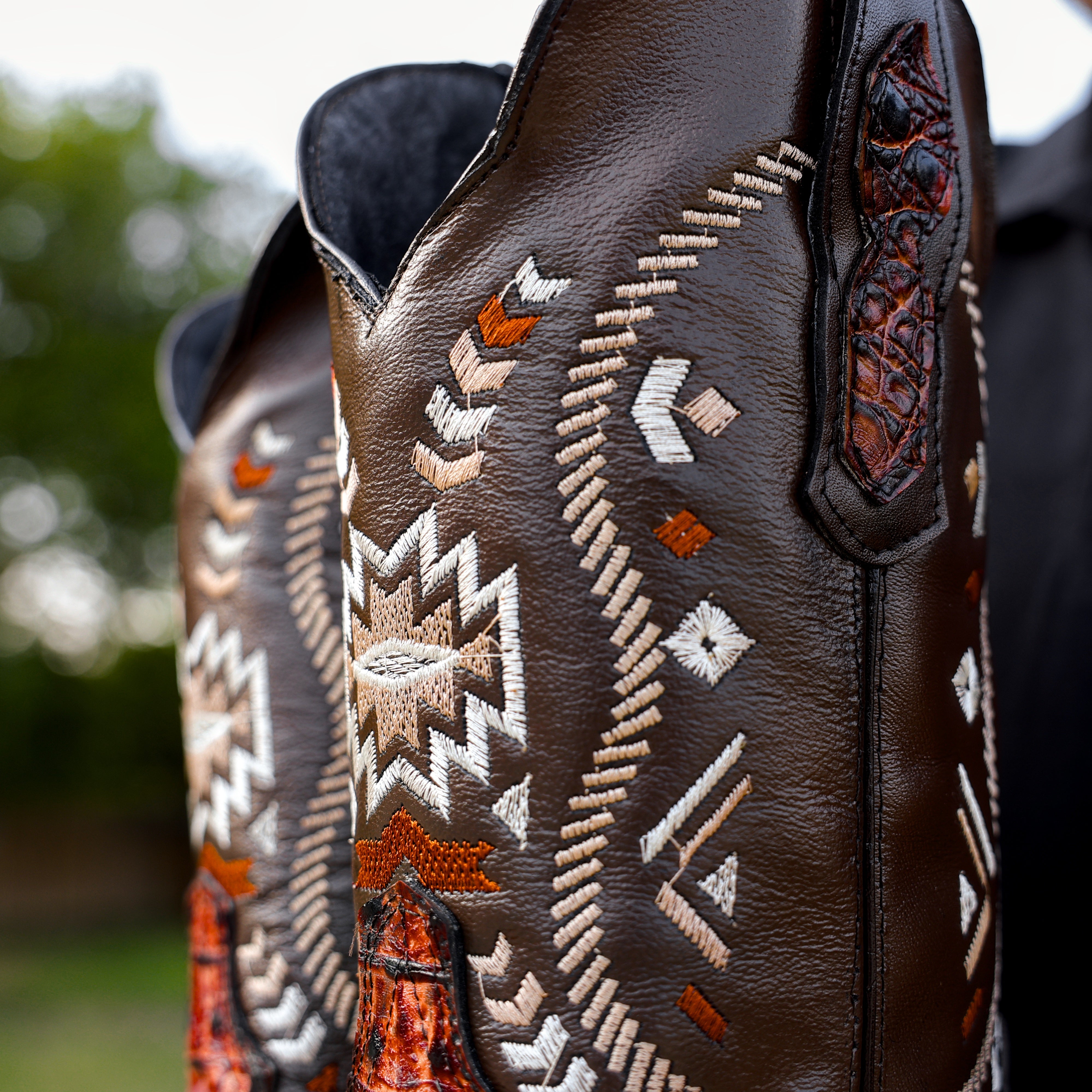 Cognac Caiman Neck Leather Boots - Square Toe