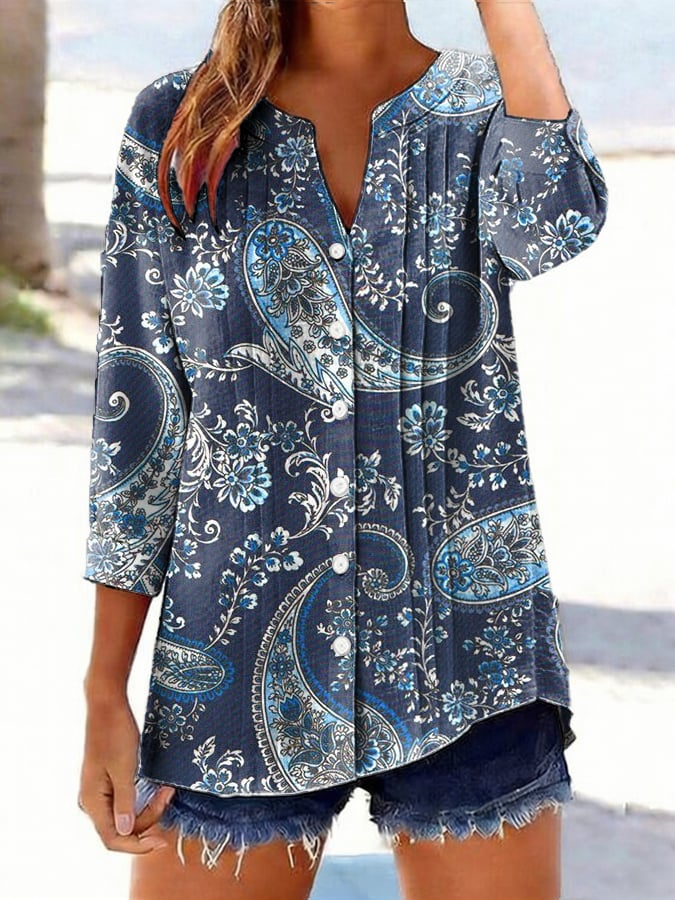 Women's Vintage Floral V-Neck Cotton and Linen Shirt