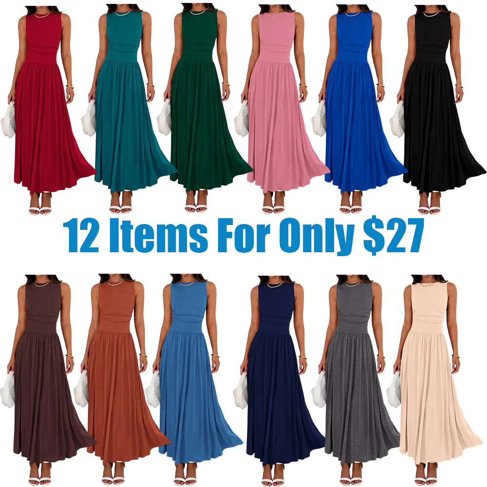 Summer Maxi Dresses for Women 2026 Spring Sleeveless Casual Ruched High Waisted Long Sundress Flowy Beach Dress