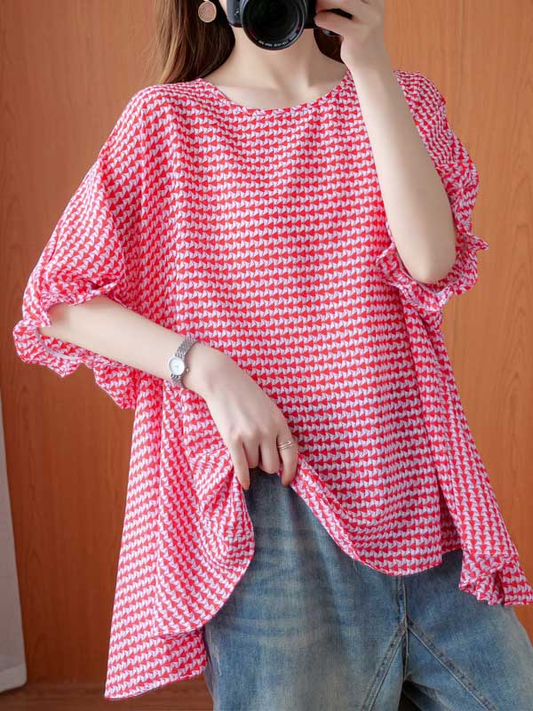 Casual Split-Joint Plaid Round-Neck Batwing Sleeves T-Shirts