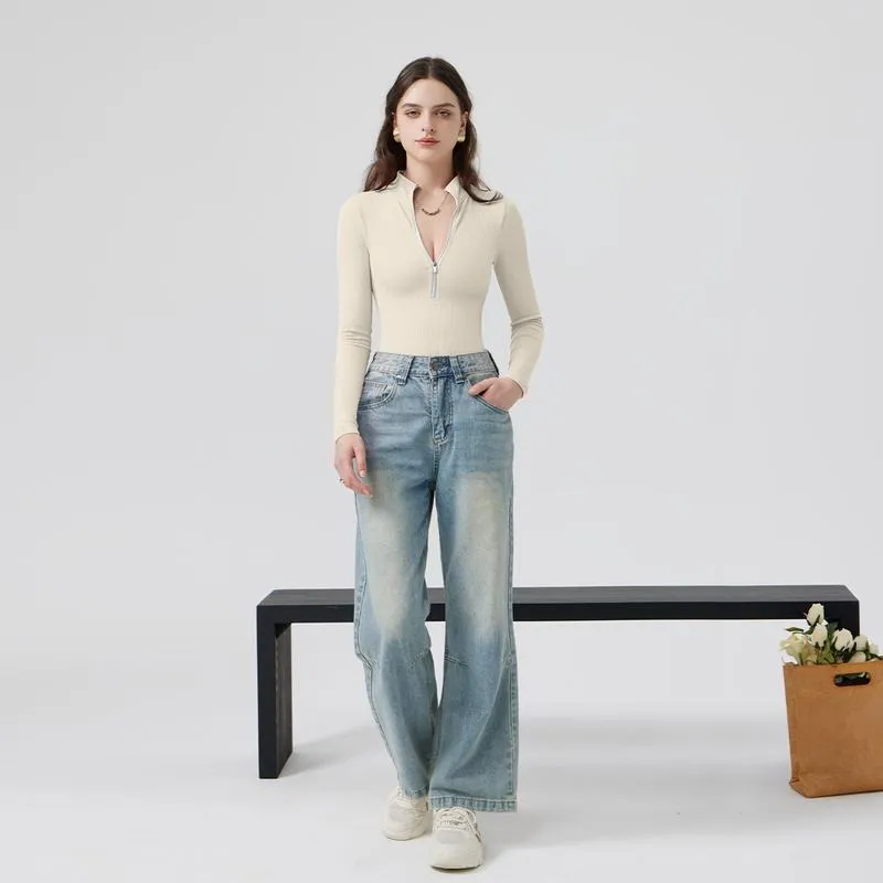 Women's 2 Piece Bodysuits Sexy Ribbed One Piece Zip Front Long Sleeve Tops Bodysuits