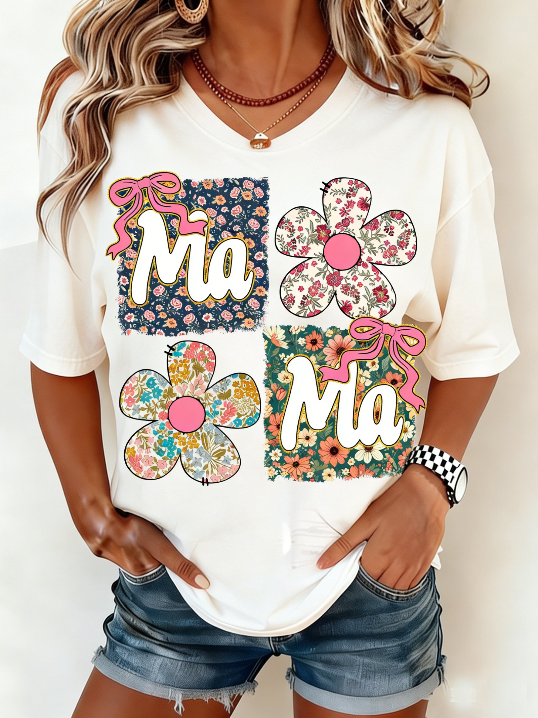 Mother's Day Letter Pattern Floral Short Sleeve Round Neck Loose  Casual T-Shirt