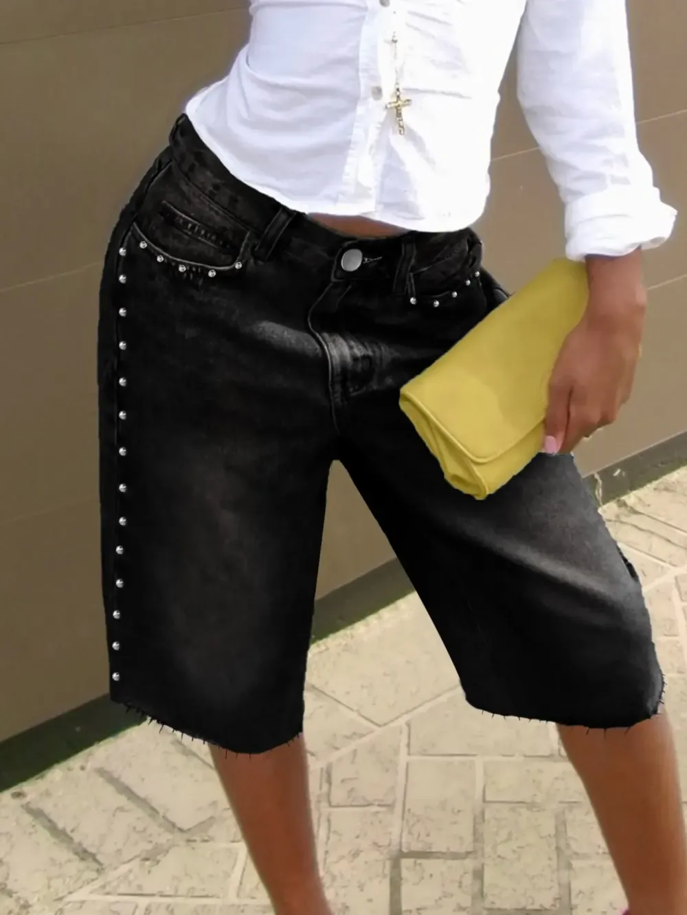 Washed Studded Wide-Leg Denim Jorts, Raw Hem High-Waisted Bermuda Shorts