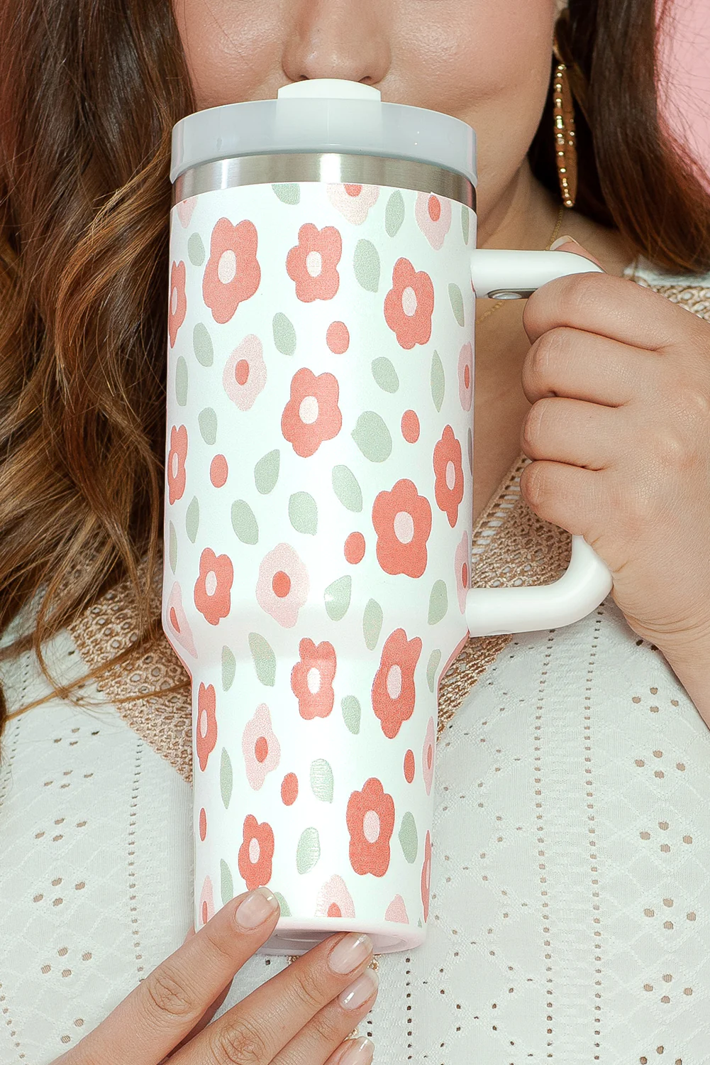 White Floral Leaves Print Stainless Large Portable Cup 40oz