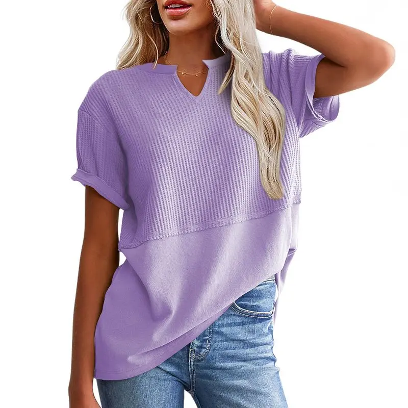 2026 Spring/Summer Cozy Oversized Waffle Knit V-Neck Top Women's Short Sleeve Pullover