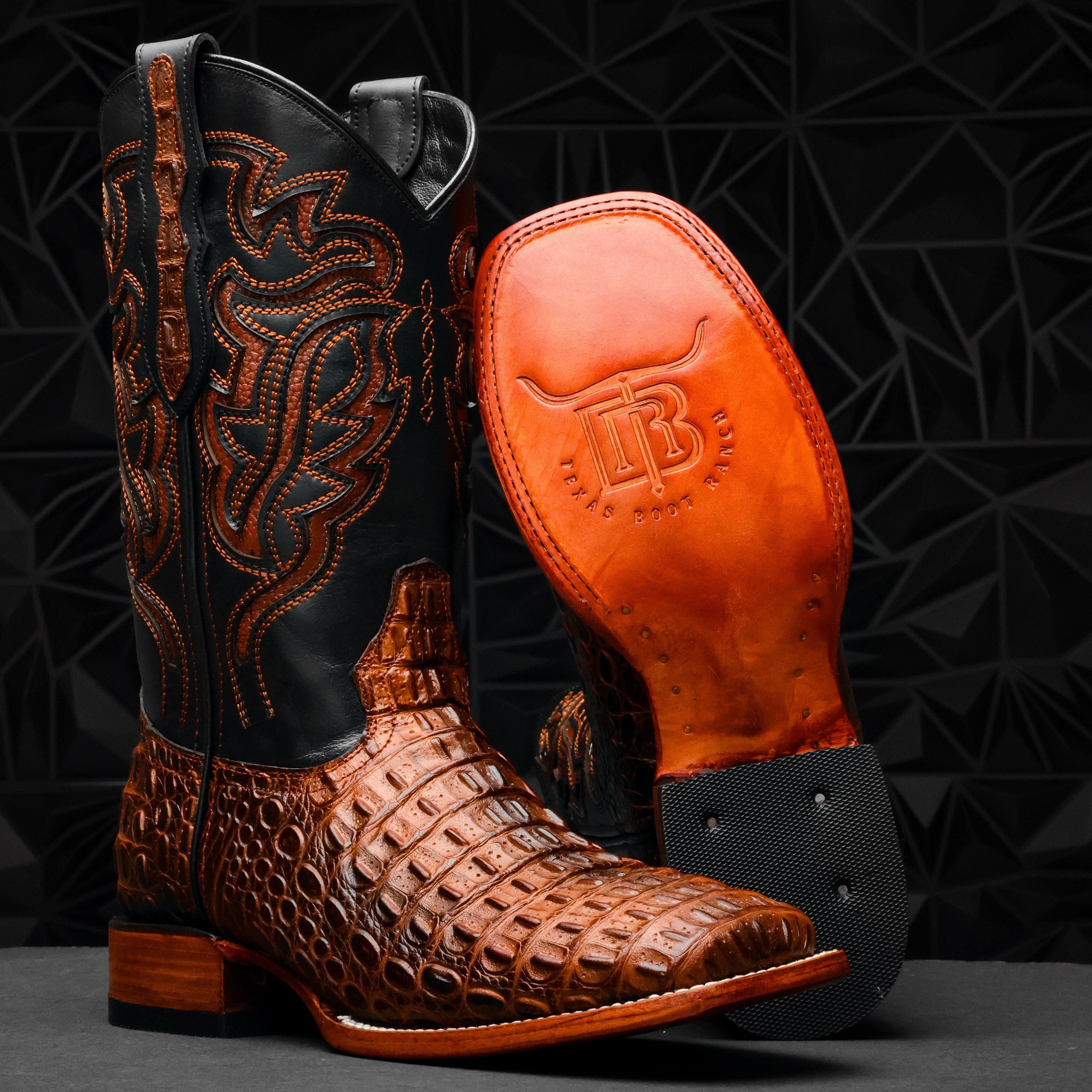 Metallic Cognac Caiman Hornback Leather Boots - Square Toe