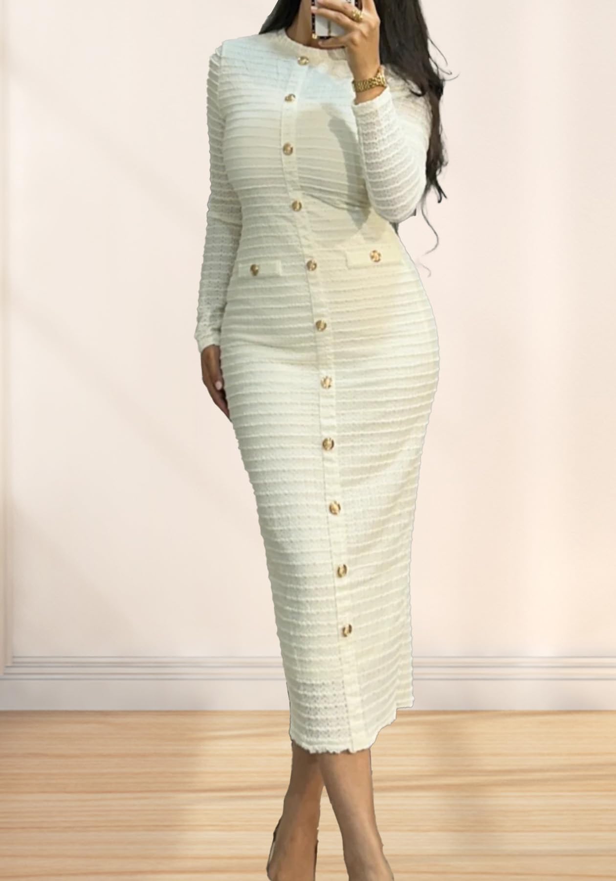 Unybwonn Women Bodycon Pleated Knit Maxi Dress Long Sleeve Crew Neck Ribbed Elegant Sweater Dress Single Breasted Dresses