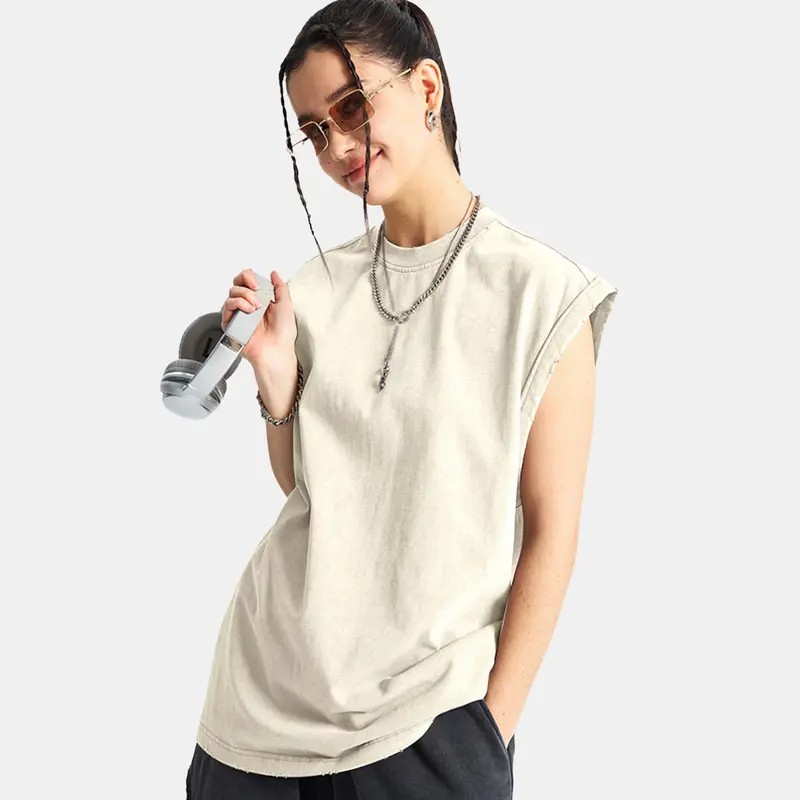 Unisex Acid Wash Cotton Muscle Tank Top – Loose Fit Gym & Streetwear Vest