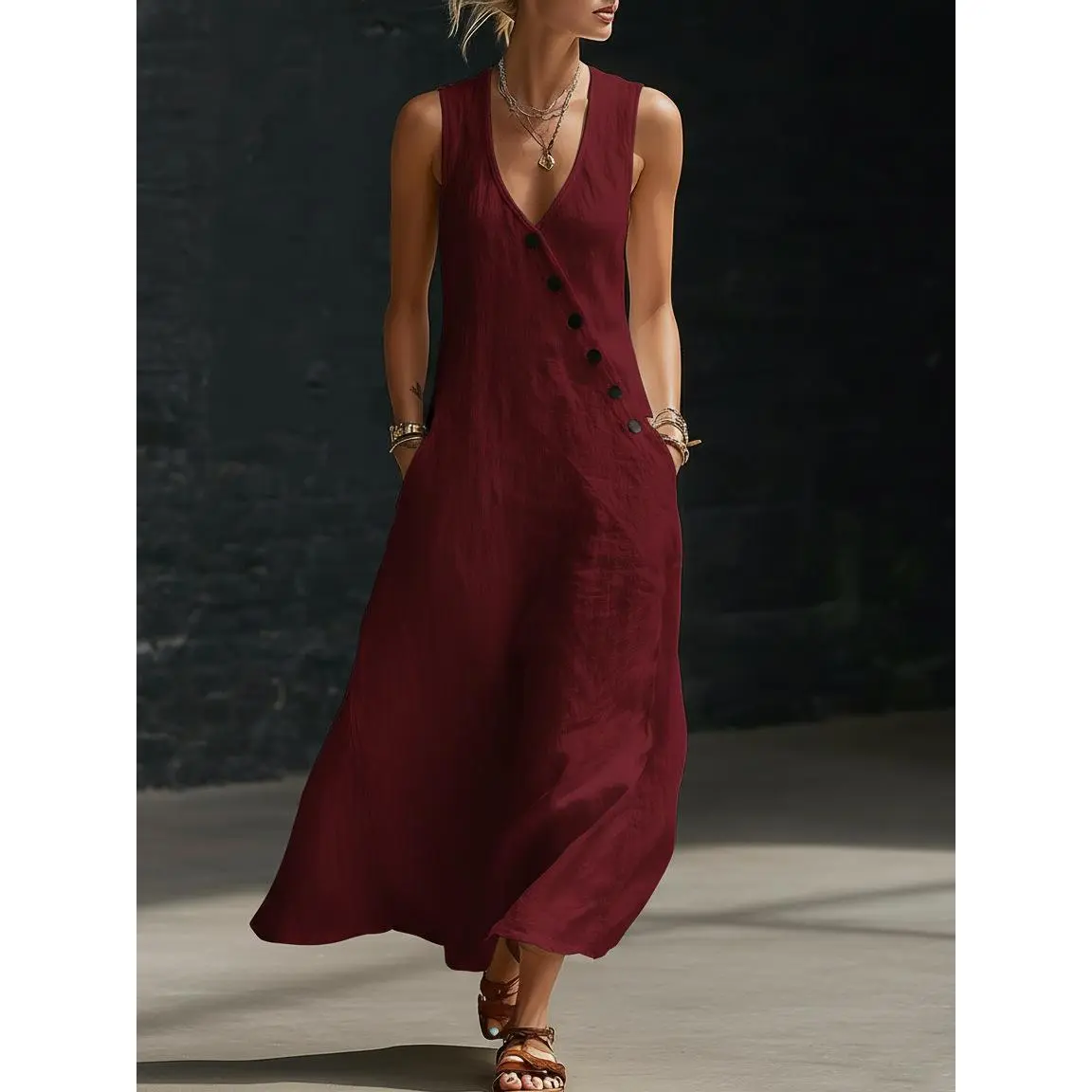 Perfect for Beach, Vacation & Brunch! Sleeveless V-Neck Button Detail Casual Dress with Pockets