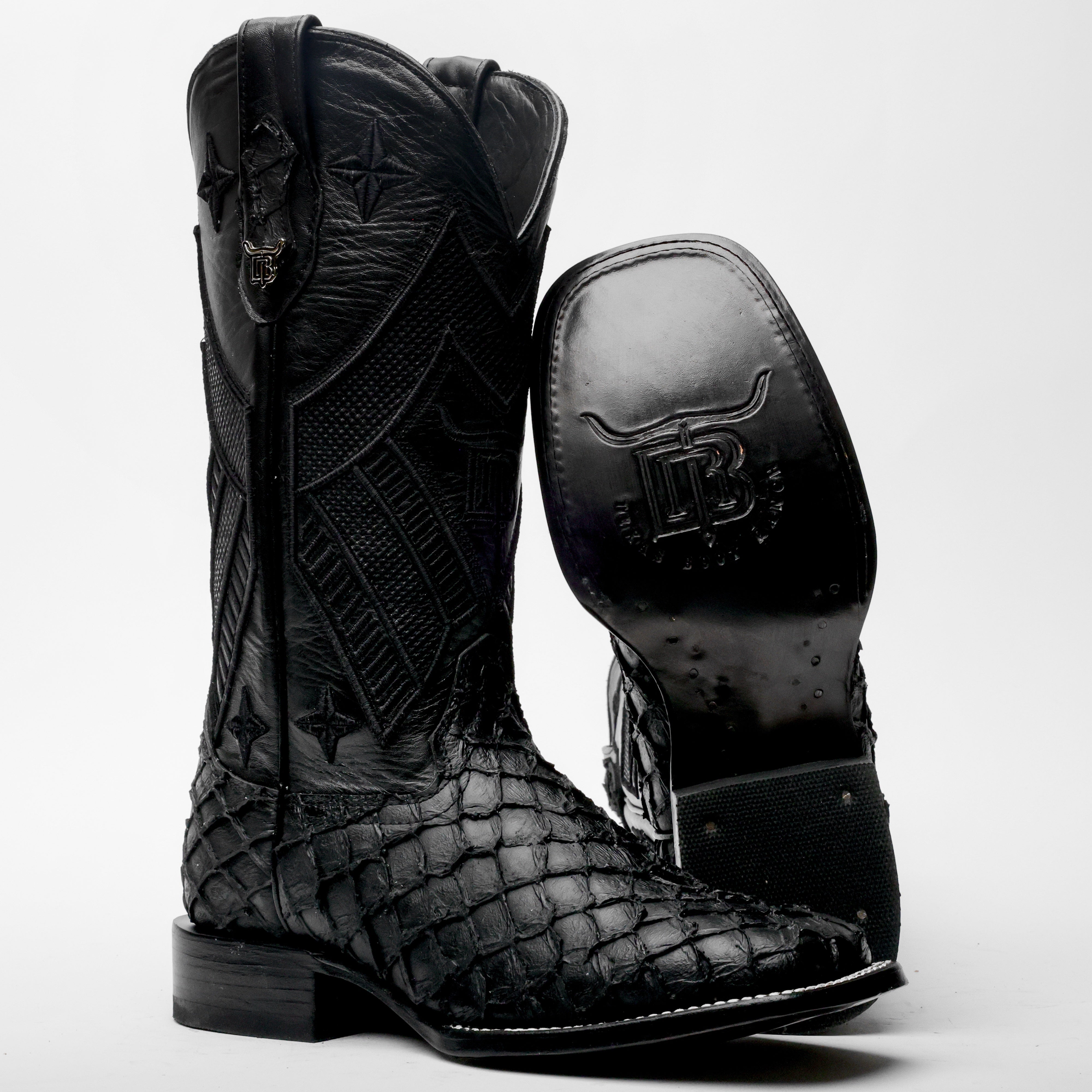 TOTAL BLACK Mini Pirarucu Leather Boots - Square Toe