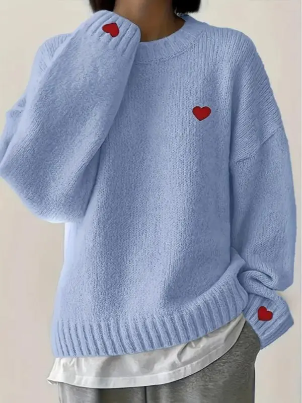 Women's Winter New Fashion Sweater, Embroidered Heart Knitwear