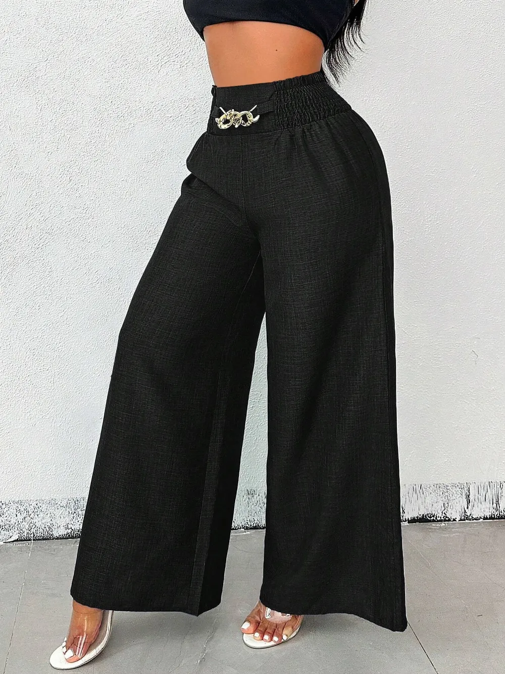 Women's Solid Color High-Waisted Pants, Stretchable Loose-Fitting Wide-Leg Trousers