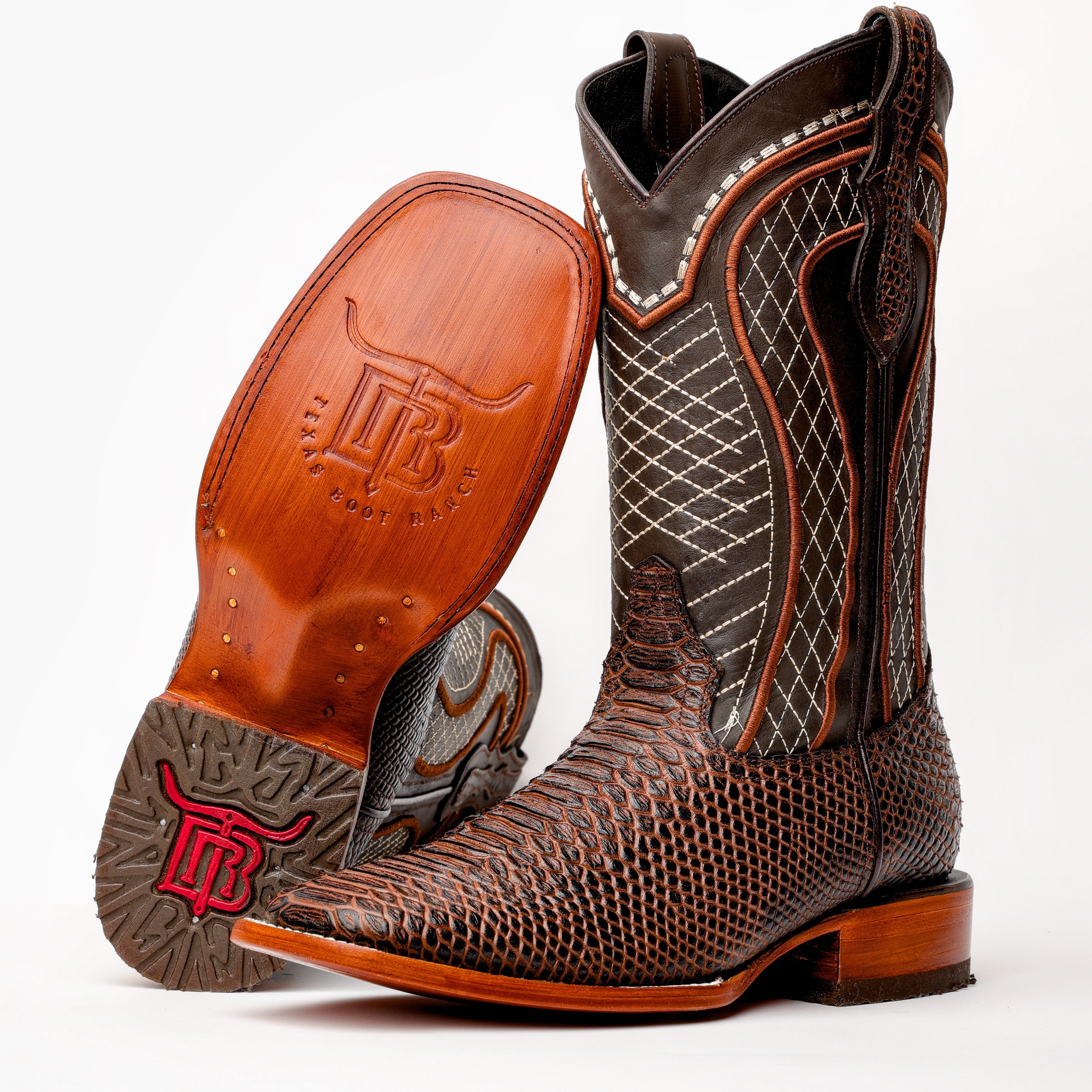 Chocolate Brown Python Leather Boots -Square Toe