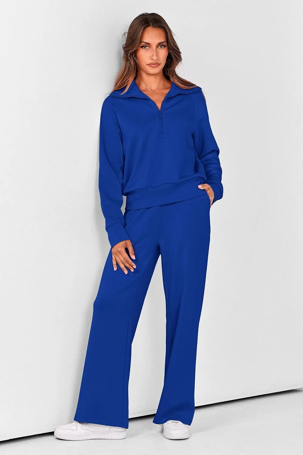🔥Final Day Clearance!🛒Women's 2 Piece Outfits Casual Lapel Half Zip Sweatshirts And Wide Leg Pants Tracksuit Sets🔥8-PACK ONLY $28🔥