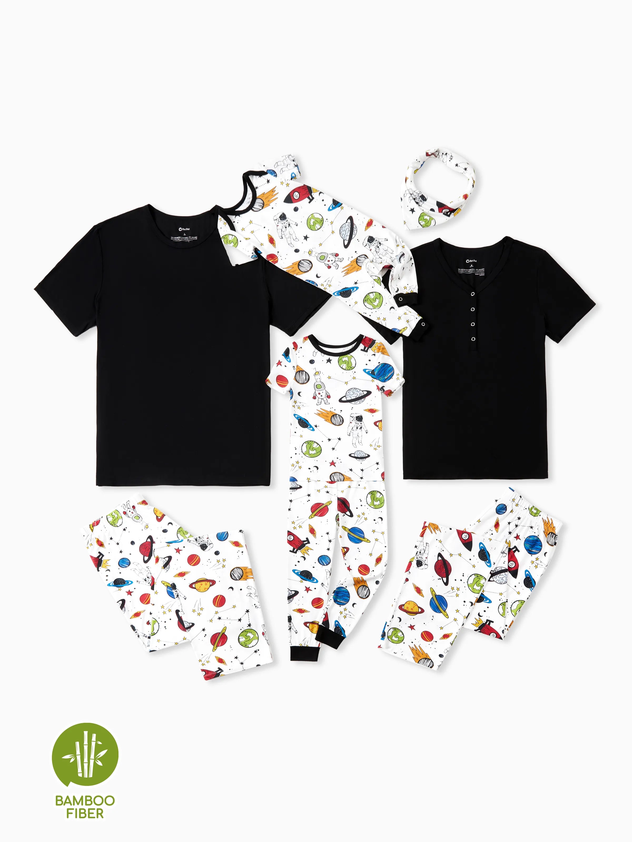 Bamboo Family Pajamas Space Theme Print Short-sleeve Matching Pajama set ( Snug-Fitting for Children ) White