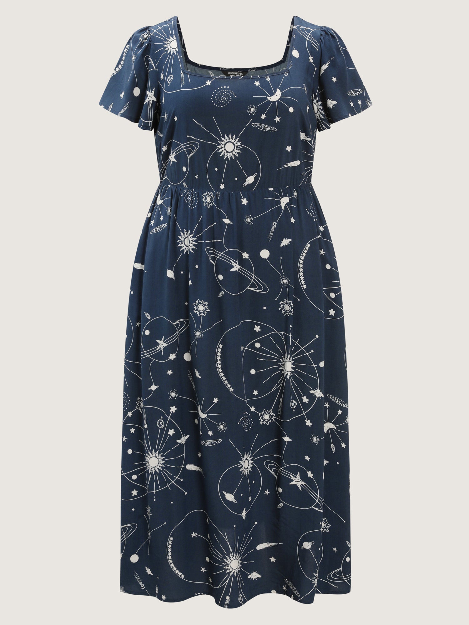 Galaxy Print Lotus Leaf Sleeve Maxi Dress