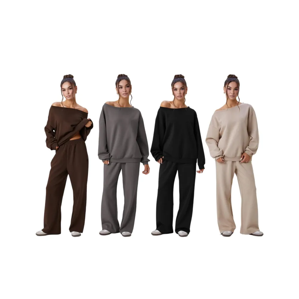 🔥Last Day 89% OFF🔥Women's Leisure Solid Color Sloping Shoulder Long Sleeve Top & Wide Leg Trousers Set