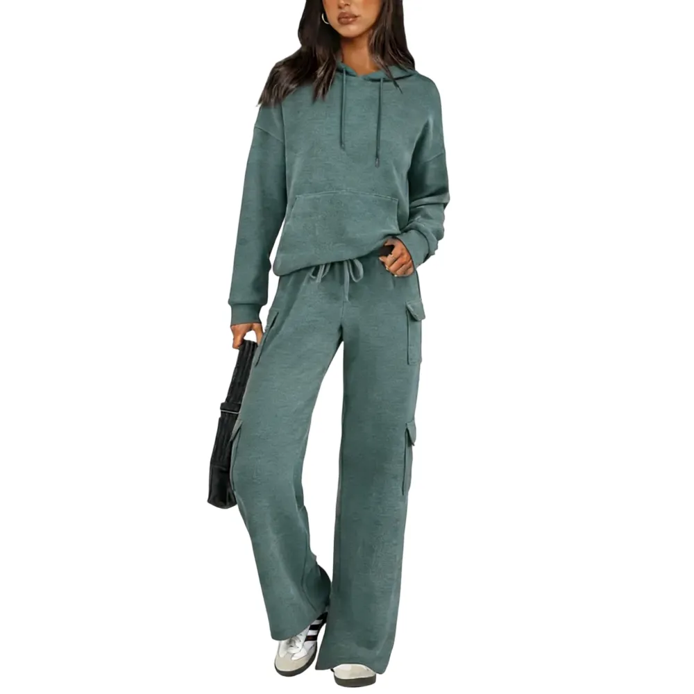Women’s Casual Knit Tracksuit – Hoodie & Wide Leg Pants with Pockets