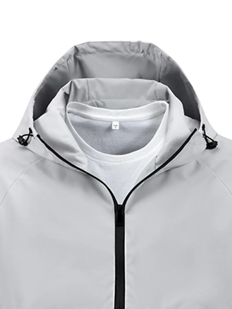 One black half-zip pullover with hoodie, outdoor camping style, large pockets, made of stain-resistant fabric