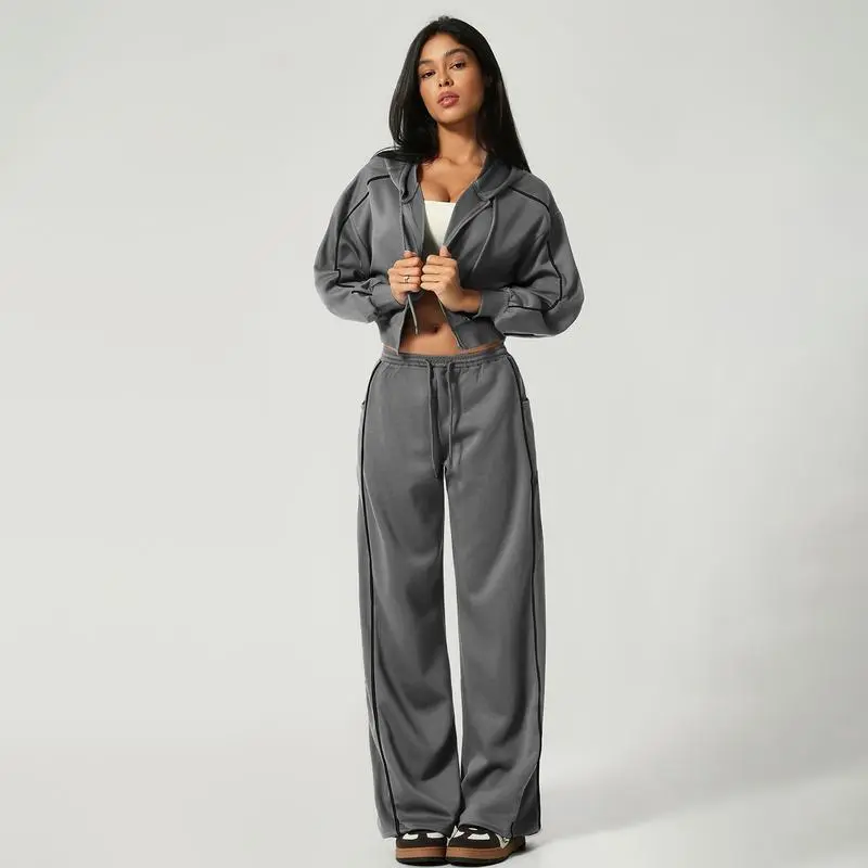 Women’s Hooded Tracksuit Set (Cropped Hoodie + Wide Leg Pants)