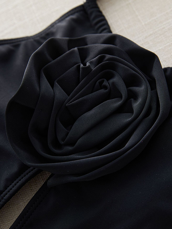 Padded Bandage Flower Shape Hollow Solid Color One-Piece Swimwear