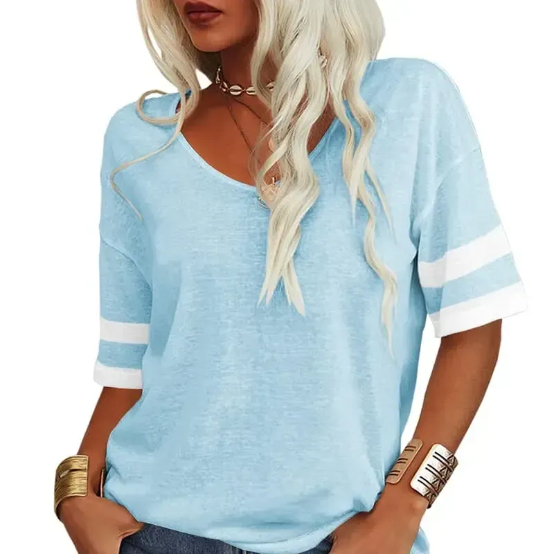 Women Soft V Neck Tshirt Half Sleeve Lightweight Solid Color Loose Fit Minimalist Top