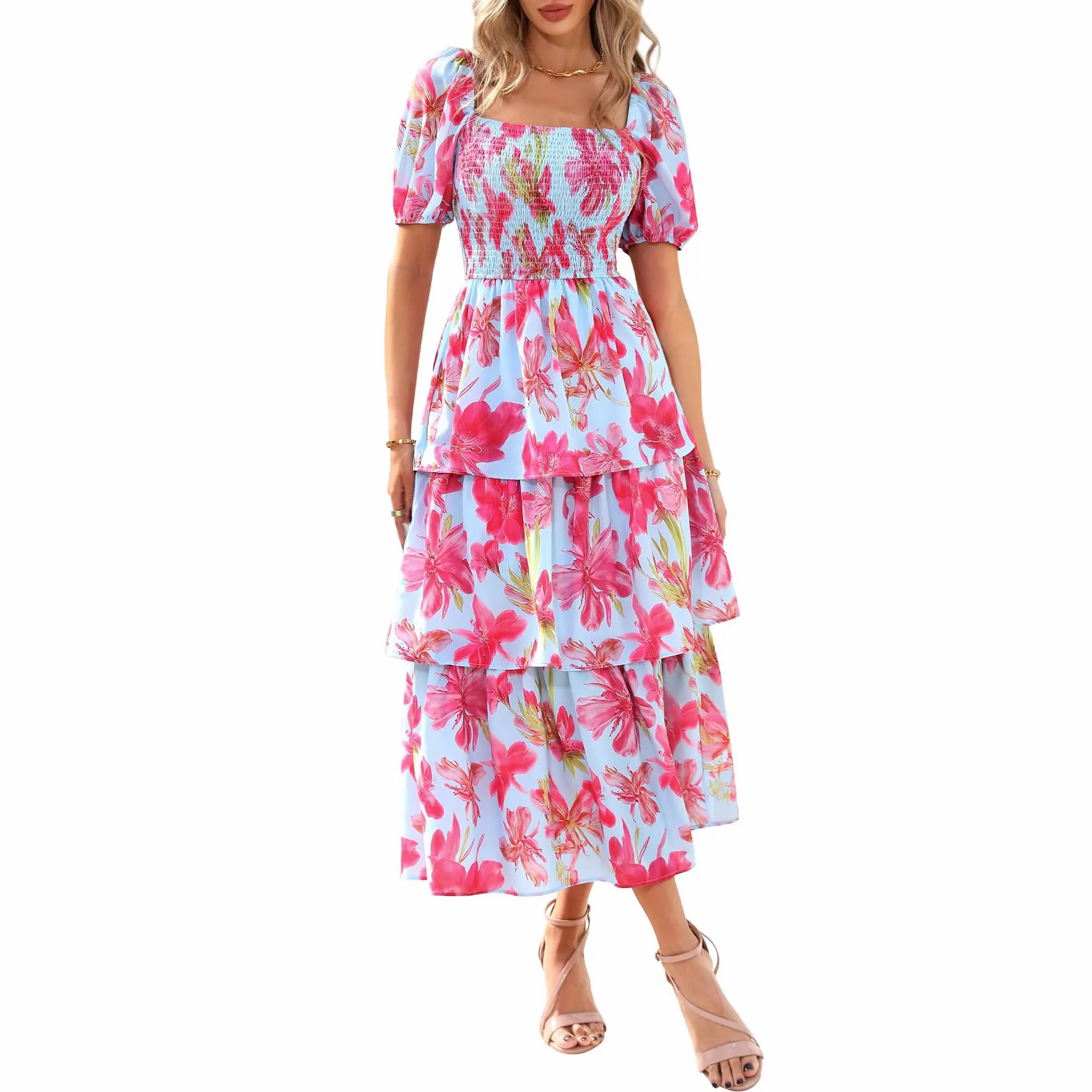 Women's Square Neck Smocked Dress with Puff Short Sleeve Floral Casual Ruffle Tiered Wedding Guest Dress