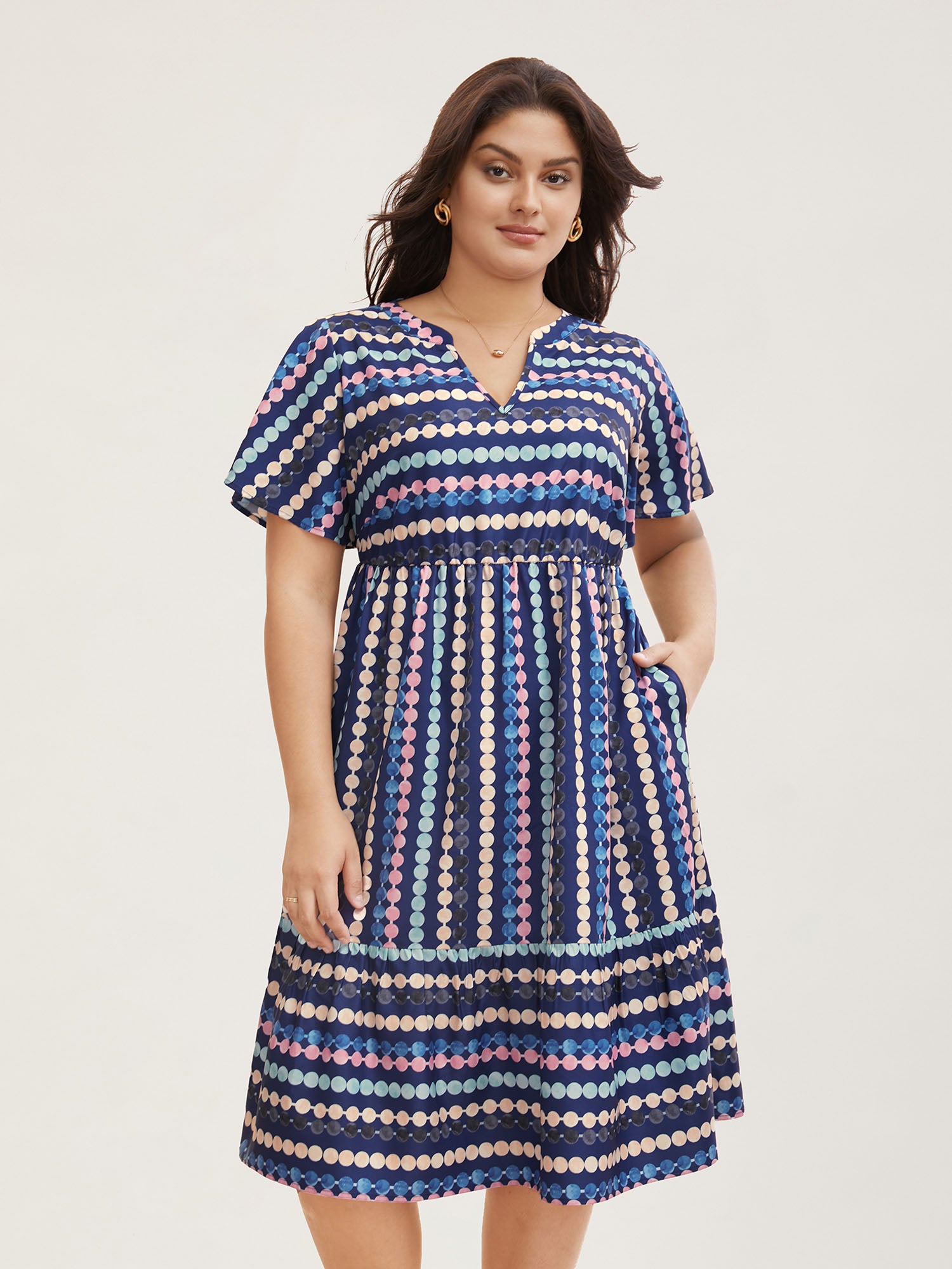 Dot Print Elastic Waist Split Neck Mini Dress