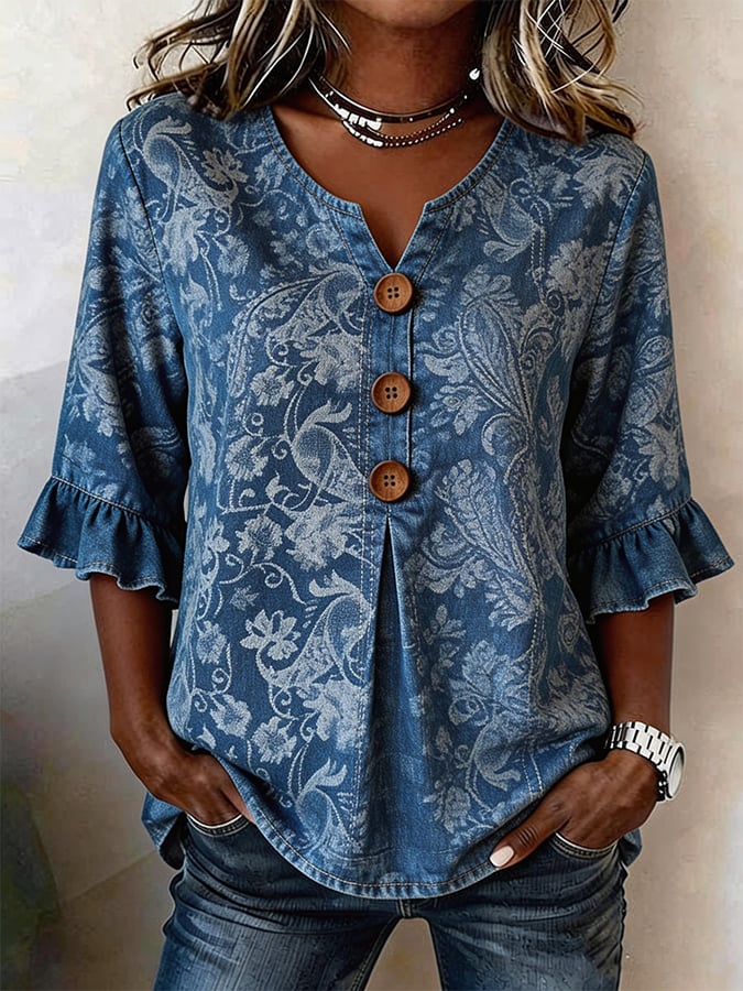 Women's Casual Denim Jacquard Short-Sleeve Top