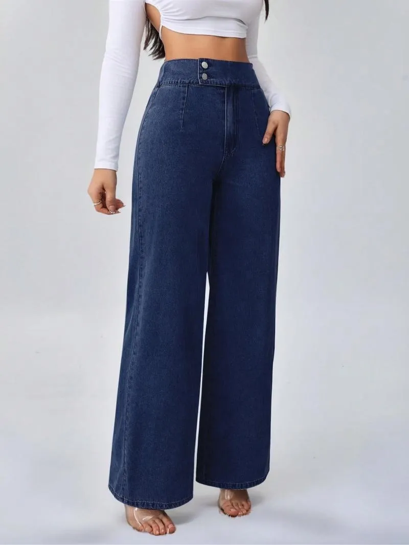 Women's Vintage Elegant High Waist Wide Leg Jeans, Button Front Elastic Waist Loose Fit