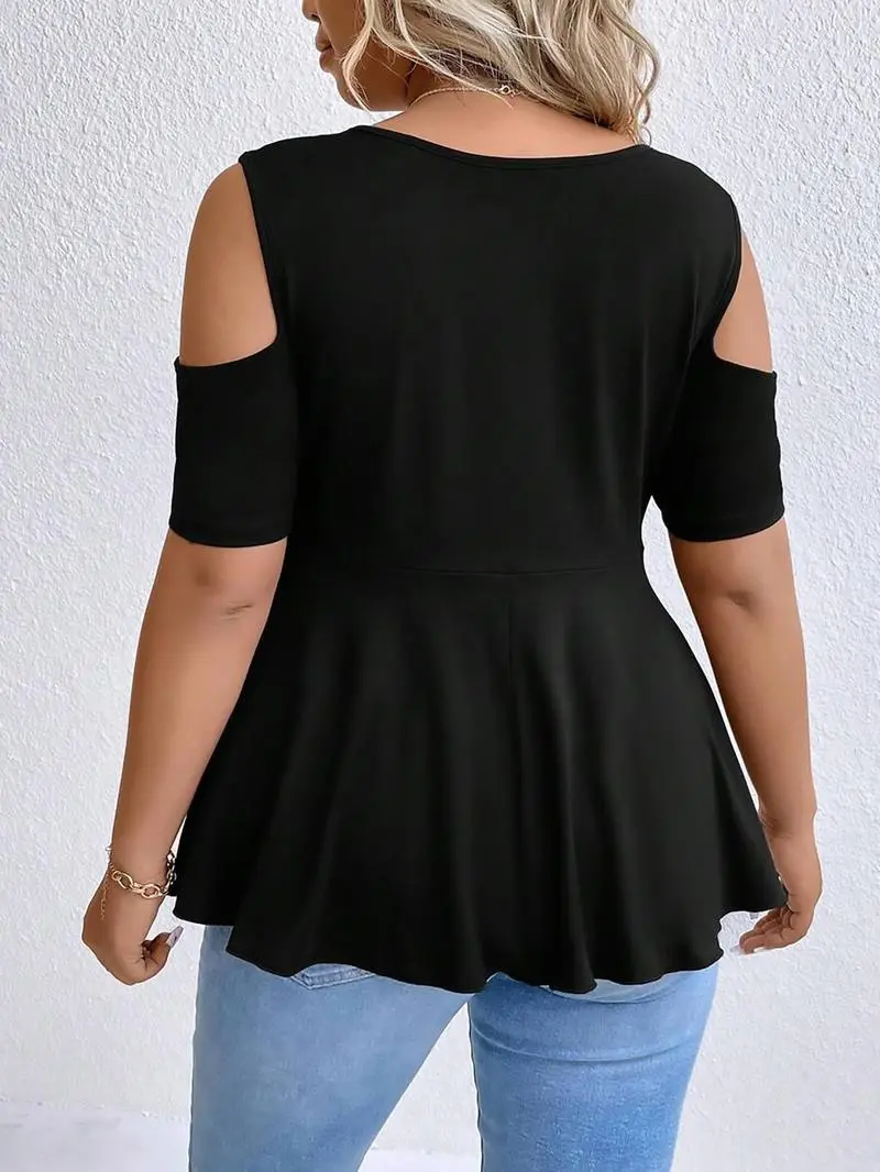 [Plus Size] Cold Shoulder Tee, Casual Asymmetrical Hem Short Sleeve T-shirt for Summer, Women's Plus Clothing for Daily Wear