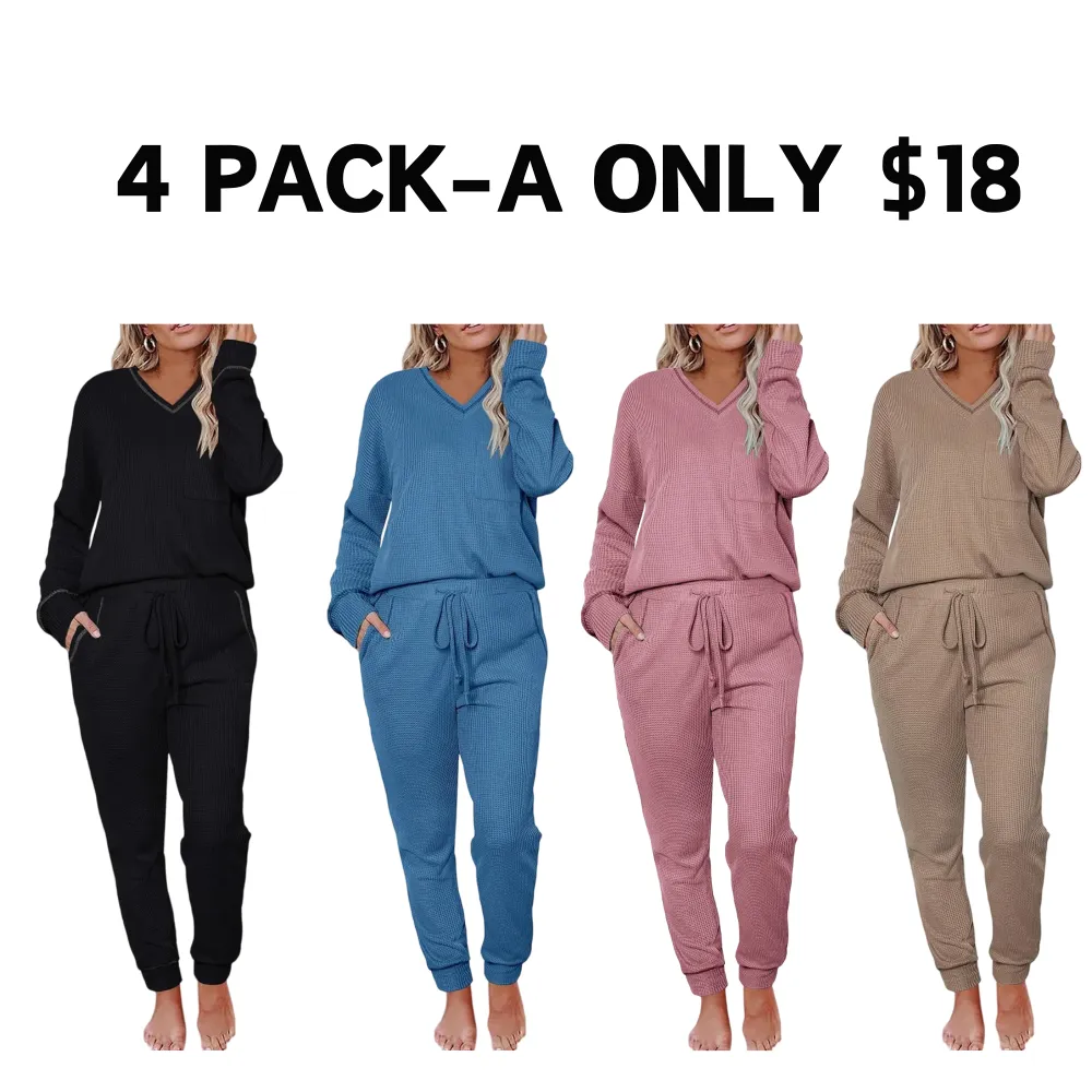 V-neck waffle knit top and pants casual set