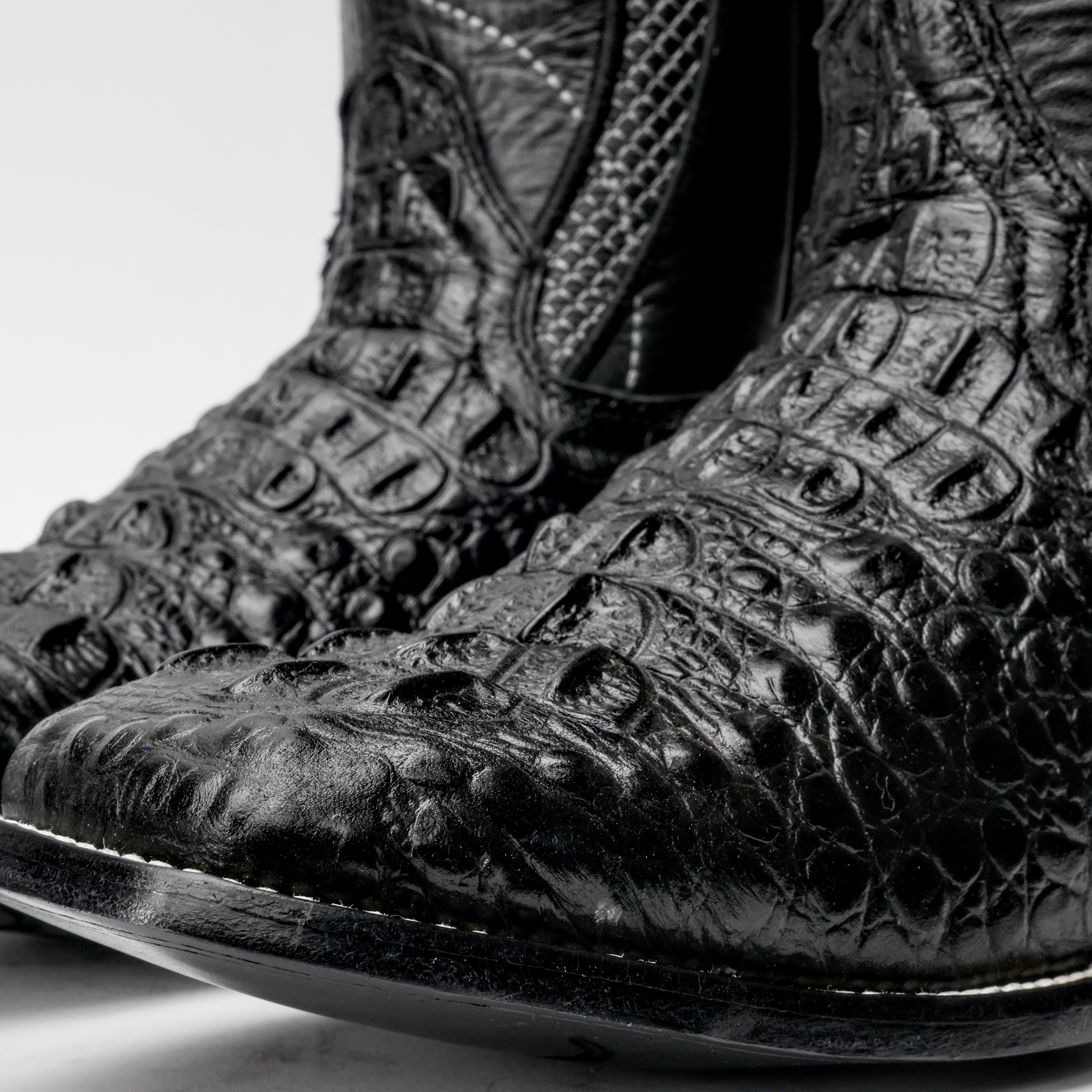 Black Caiman Neck Leather Boots - Square Toe