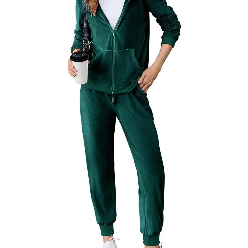 Women's Casual Velour Tracksuit Set Full Zipper Hoodie