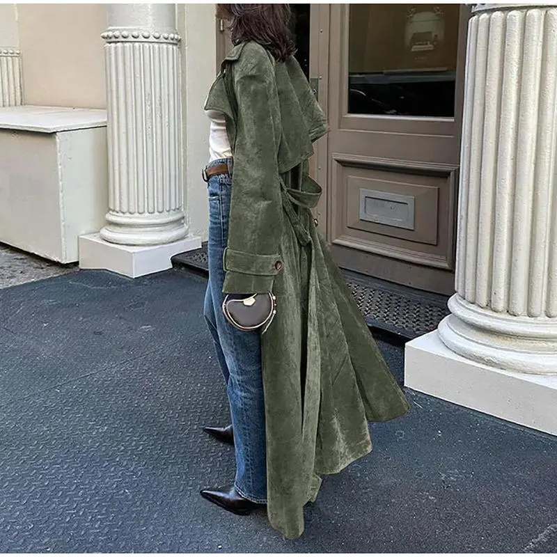 Women's faux suede long trench coat