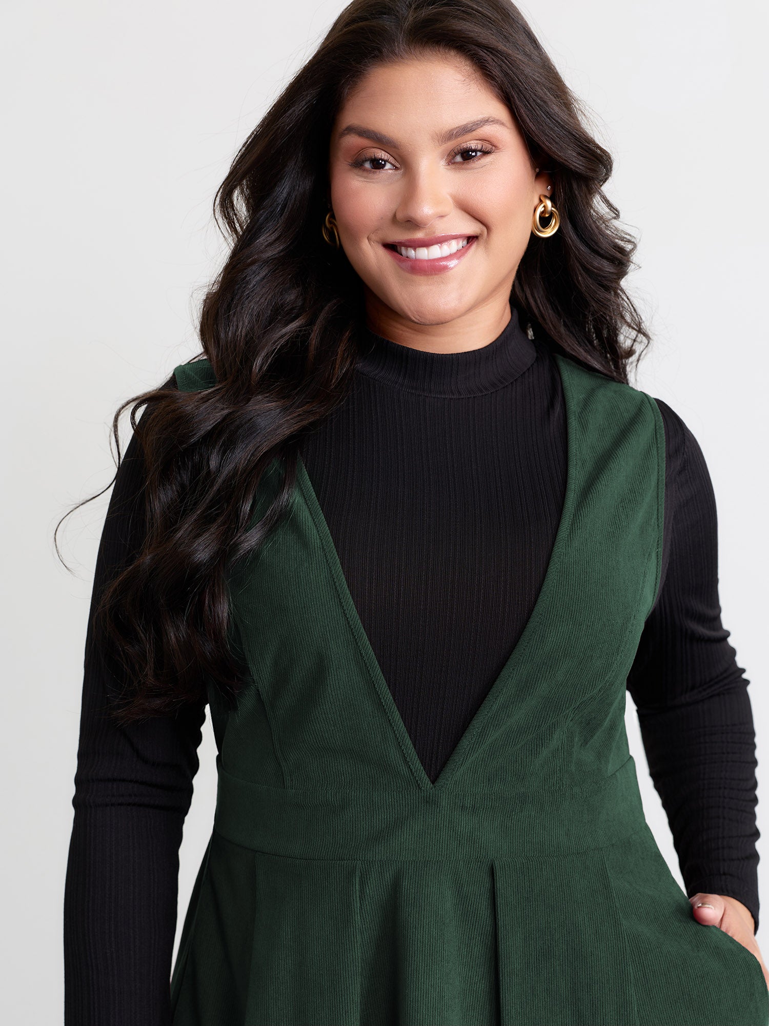 Corduroy Stretchy Waist V-Neck Mini Dress