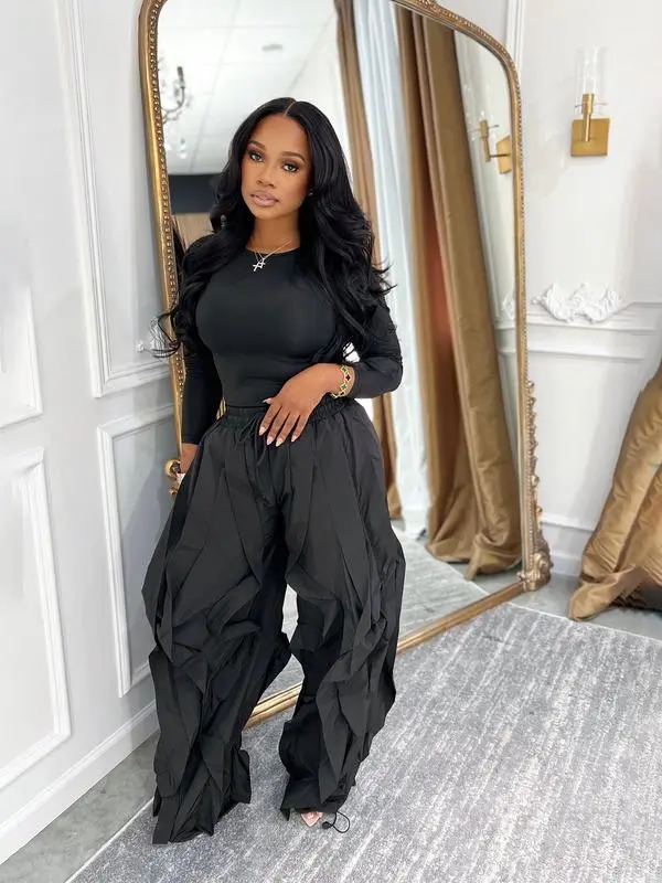 Women's Slim-Fitting Top & Wide-Leg Patchwork Ruffle Pants Set