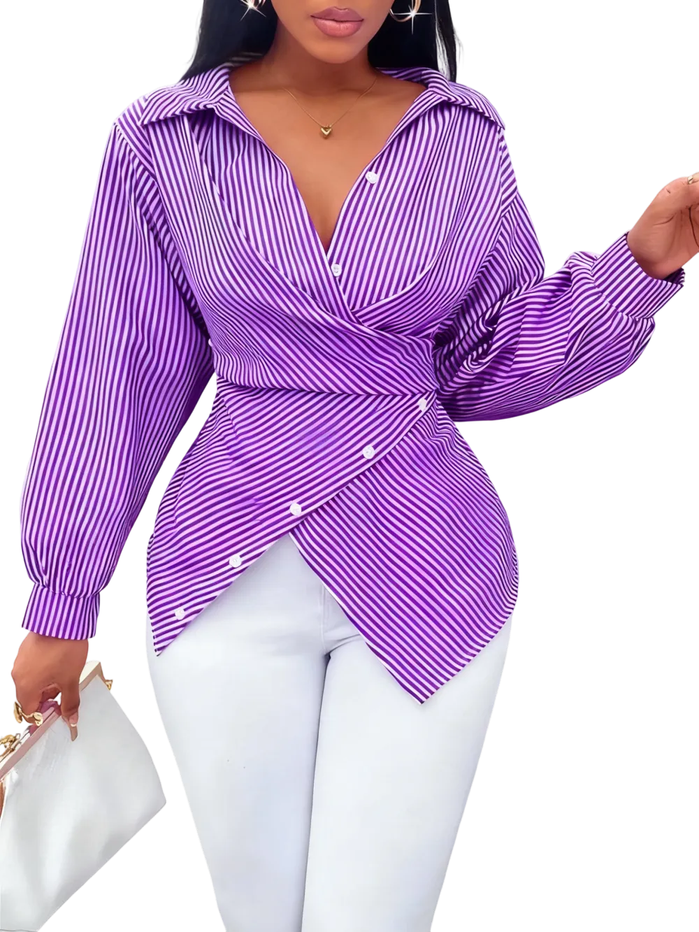 Women's Asymmetrical Striped Print Button-Up Shirt