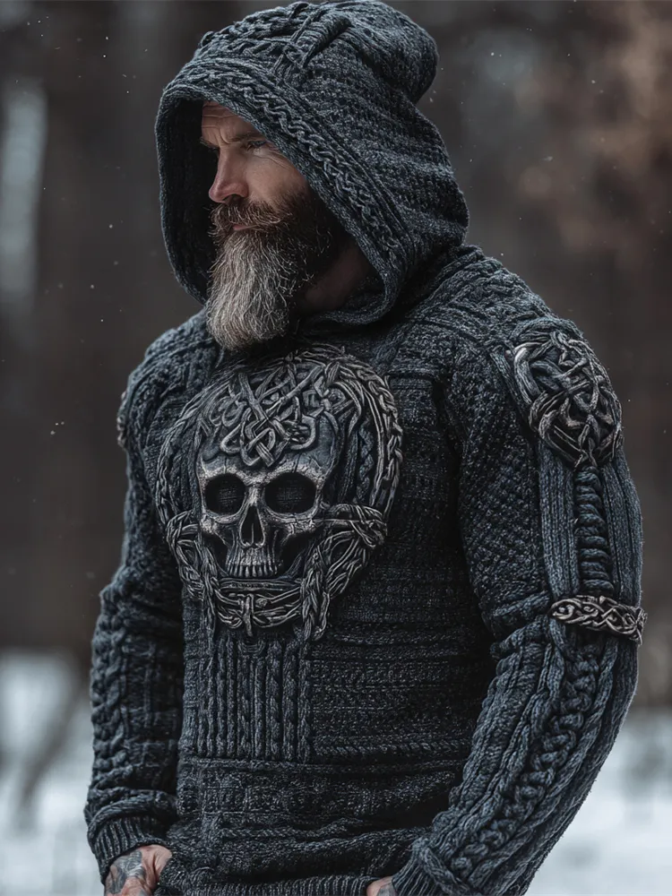 Viking Skull Men's Chunky Knit Hooded Sweater