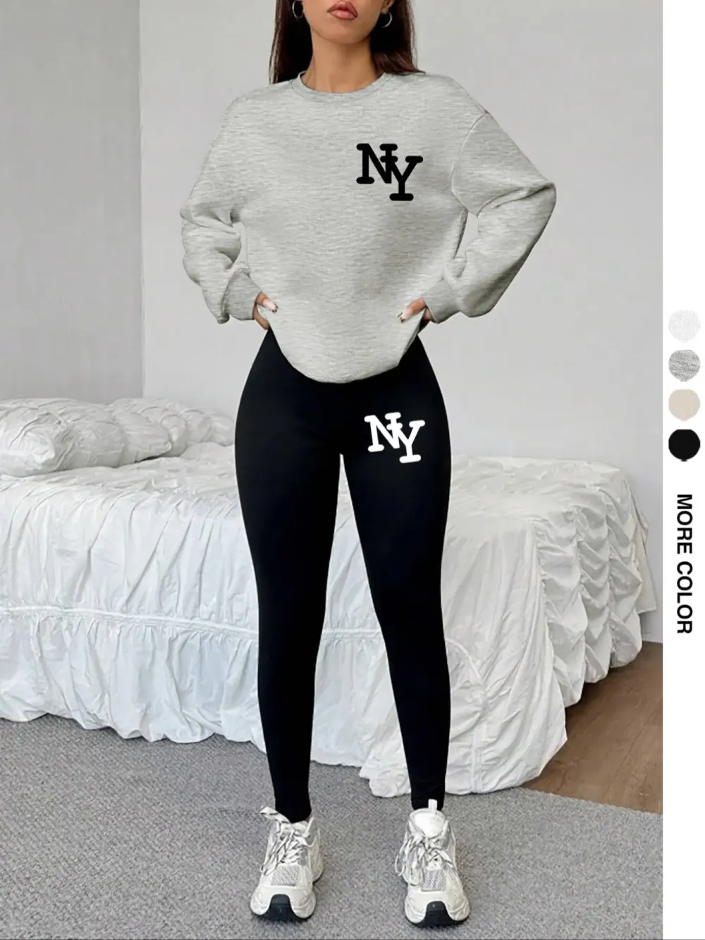 Women's 2-Piece Sweatshirt Set, Ny Letter Print, Round Neck Long Sleeve, Long Pants, Casual Fall Winter, Fitted Style