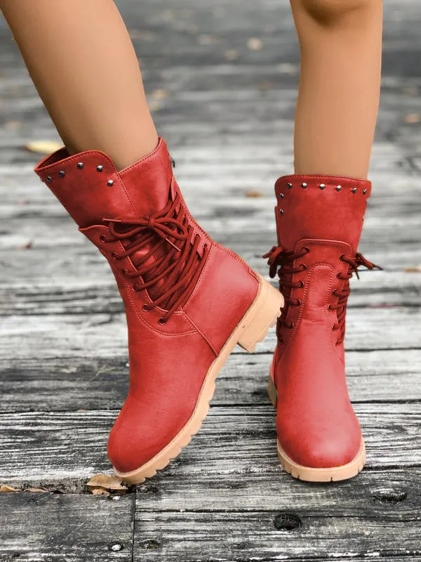 Women's Fashion Solid Color Lace-up Ankle Boots