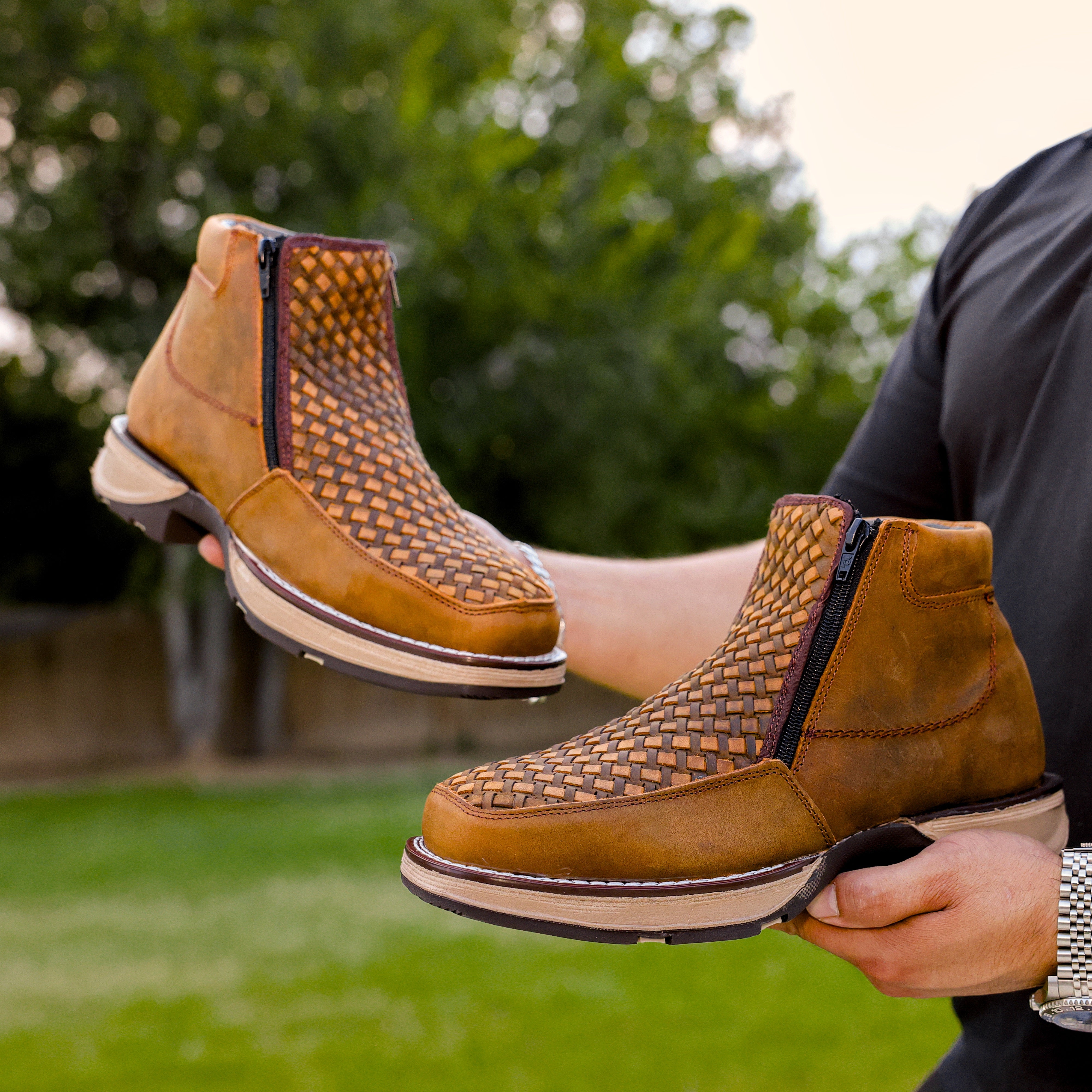 Dusty Honey Basketweave Leather Botin With 3D Lightweight Soles - Square Toe