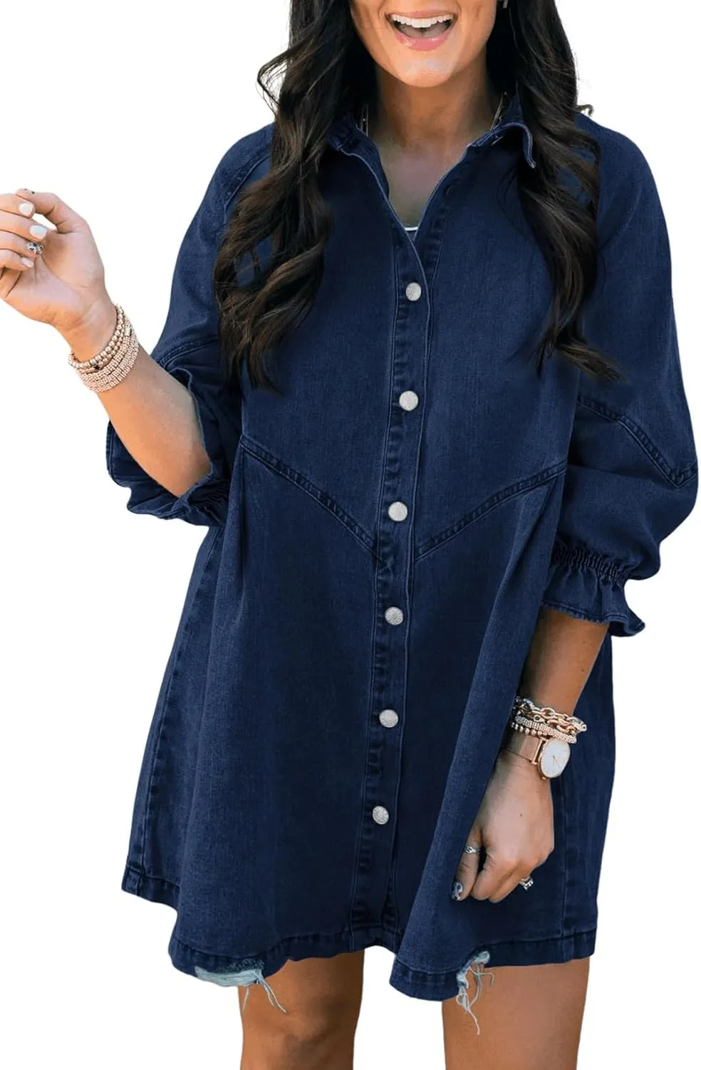 Washed Denim Puff Sleeve Mini Dress – Short-Length Collared Button Down with Ruffle Hem & Matte Silver Buttons
